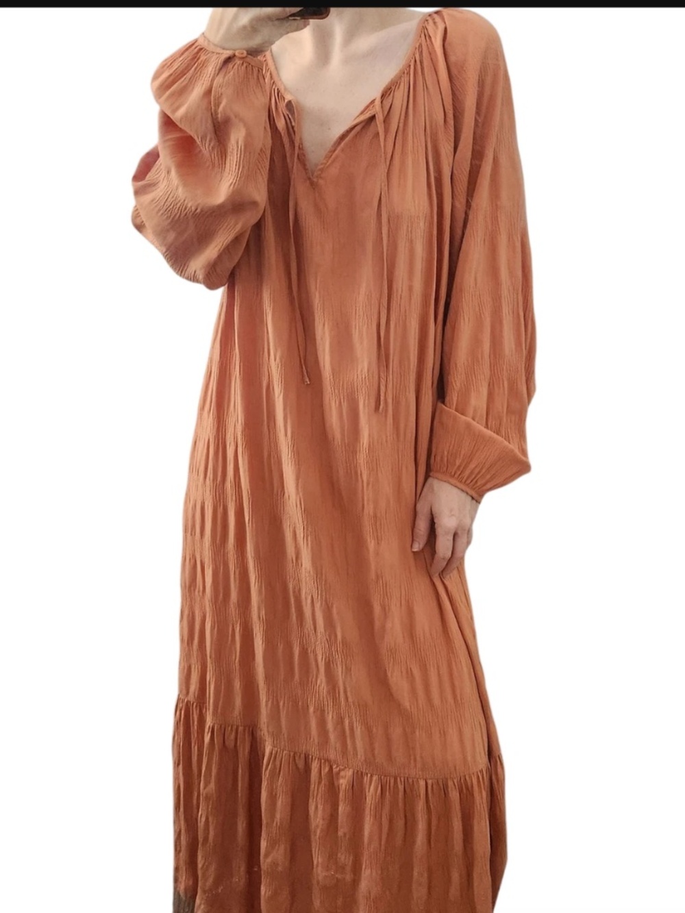 Elizabeth and James Tiered Long-Sleeve Maxi Dress - Terracotta - M